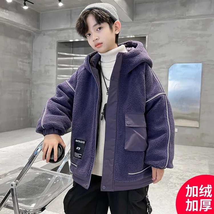 巴拉童年男童冬季羊羔绒外套2024新款冬装中大儿童男孩冬款加绒加