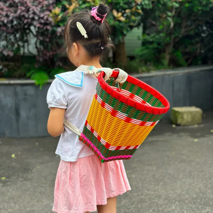 加密儿童钢化背篓塑料买菜彩色贵州编织藤编道具采茶背篼背筐手工