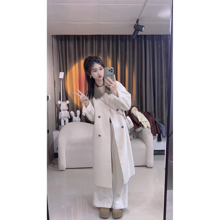 冬季新款小香风韩系时尚简约感撞色双面呢中长外套宽松上衣