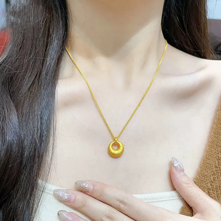 铜合金项链 新中式拉丝圆环吊坠项链女轻奢国风毛衣链简约百搭