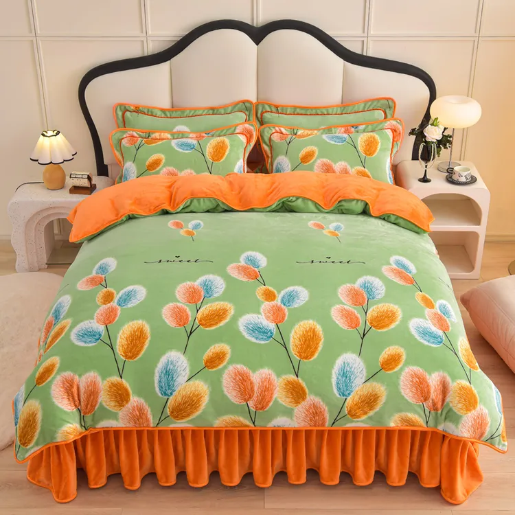 2024新款高克重冬季加厚加密保暖牛奶绒四件套床裙款双面绒被套