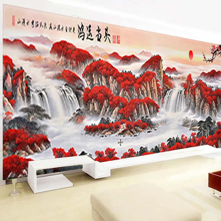 【爱阁】客厅画大格流水生财鸿运当头十字绣满绣现代山水四股大气