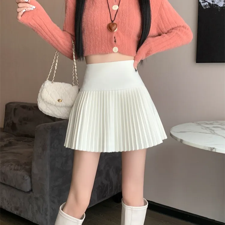 纯色学院风毛呢百褶裙百搭半身裙女2025秋冬高腰a字裙显瘦裙子