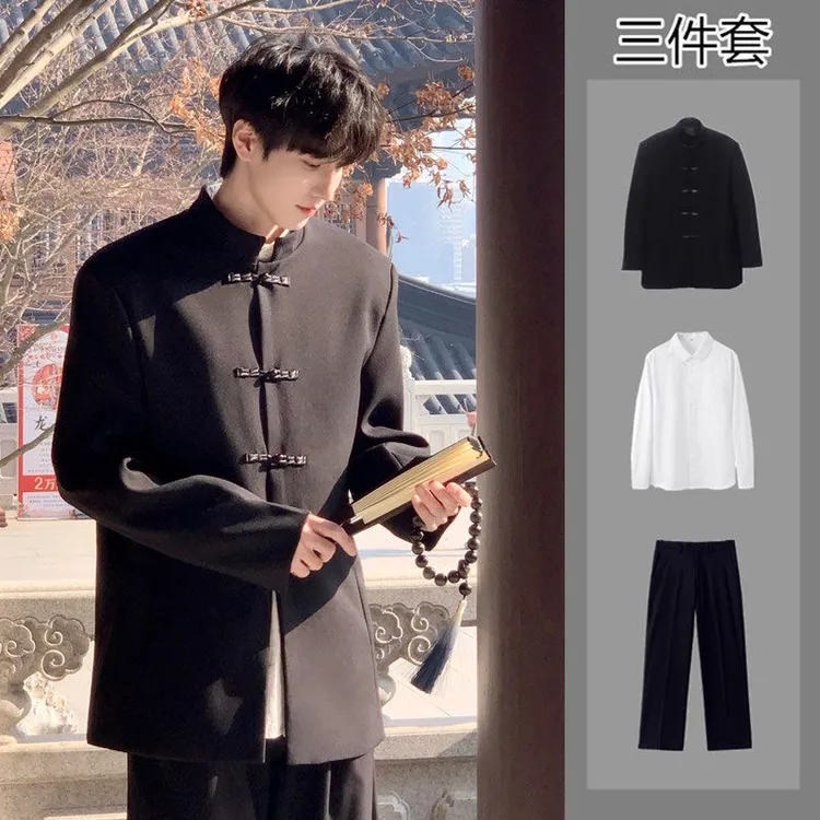 新中式男装国风西装套装高级感订婚穿搭西服立领盘扣中山装伴郎服