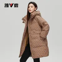 V/雅鹿加厚中长款90白鸭绒羽绒服时尚宽松冬季休闲外套印花女装