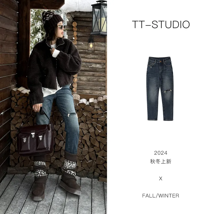 TT【瘦瘦裤】秋冬加厚磨毛复古水洗长裤丹宁破洞小脚牛仔裤TT-MB130