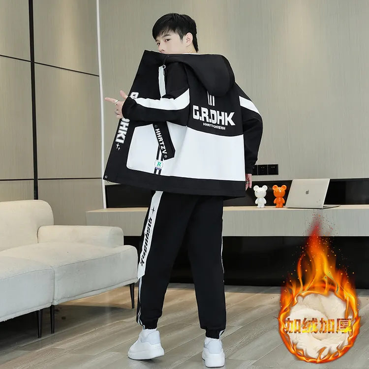 冬季保暖加绒加厚夹克套装男青少年学生韩版潮流帅气运动连帽外套