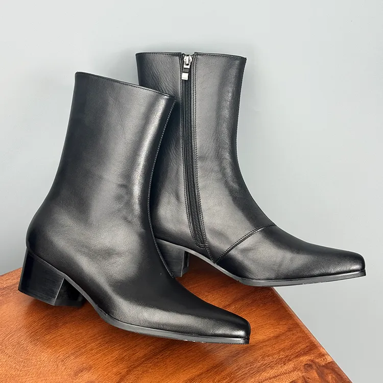 欧美尖头男士中筒皮靴冬季加绒高跟靴子男款全牛皮透气潮流时装靴