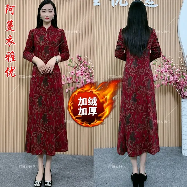 【衣雅严选】8121-1078#  新品加绒加厚锦棉罗马烫金保暖改良旗袍裙