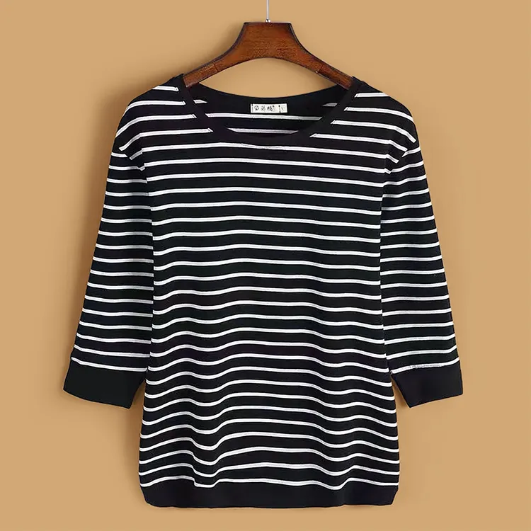新款时尚百搭黑白条纹七分袖宽松大码显瘦圆领妈妈装女士T恤上衣