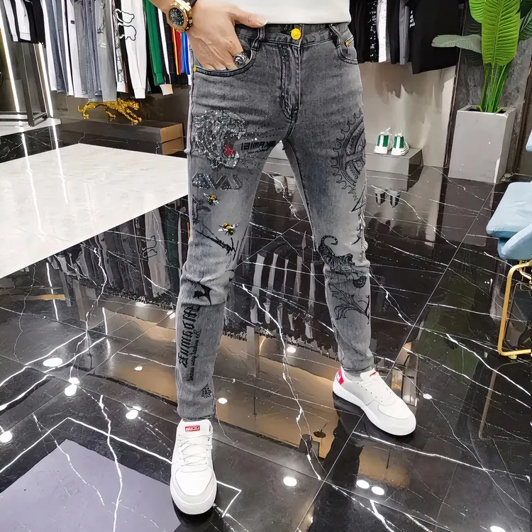 男士轻奢欧货潮牌牛仔裤老虎潮流灰色小脚休闲长裤紧身裤修身春夏
