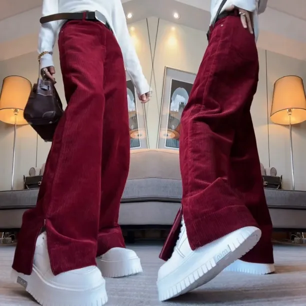 Aimeerosa/艾洛莎网红显瘦灯芯绒休闲裤女秋季窄版开叉拉链弯刀裤