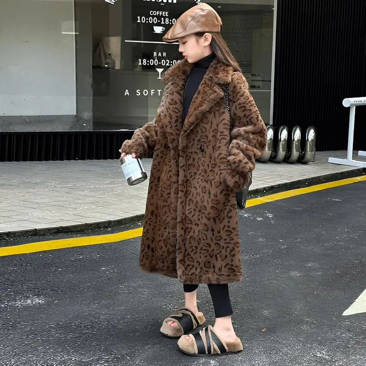 女童冬季加绒大衣2025新款加厚洋气中长款儿童皮毛一体外套潮流款