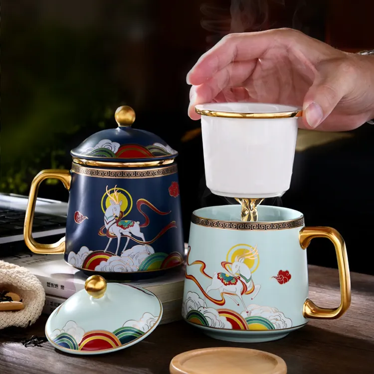 Nosin/诺轩国潮一路相伴陶瓷马克杯水杯ins带盖带茶隔一路相伴