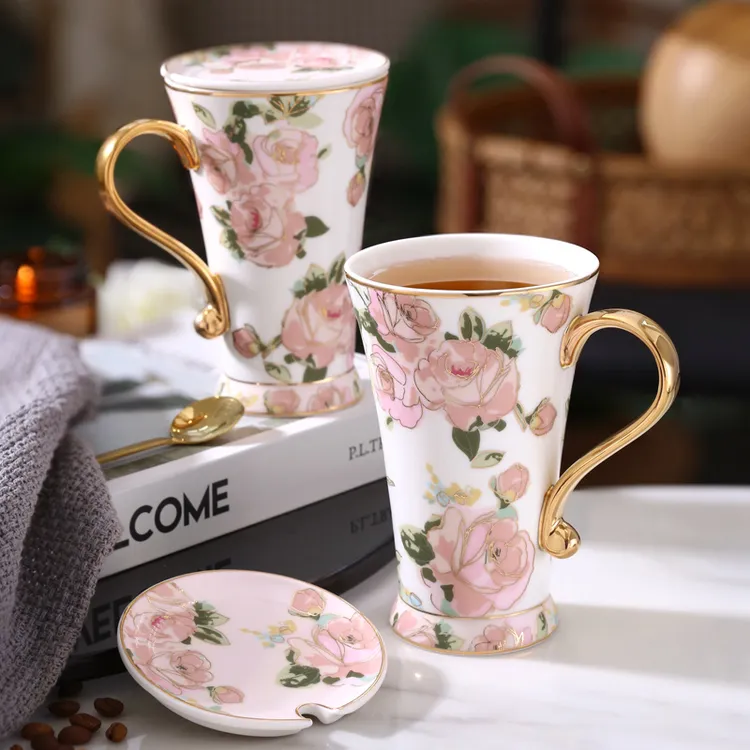 Nosin/诺轩小清新轻奢野玫瑰高脚马克杯高档创意家用红茶杯喝水杯