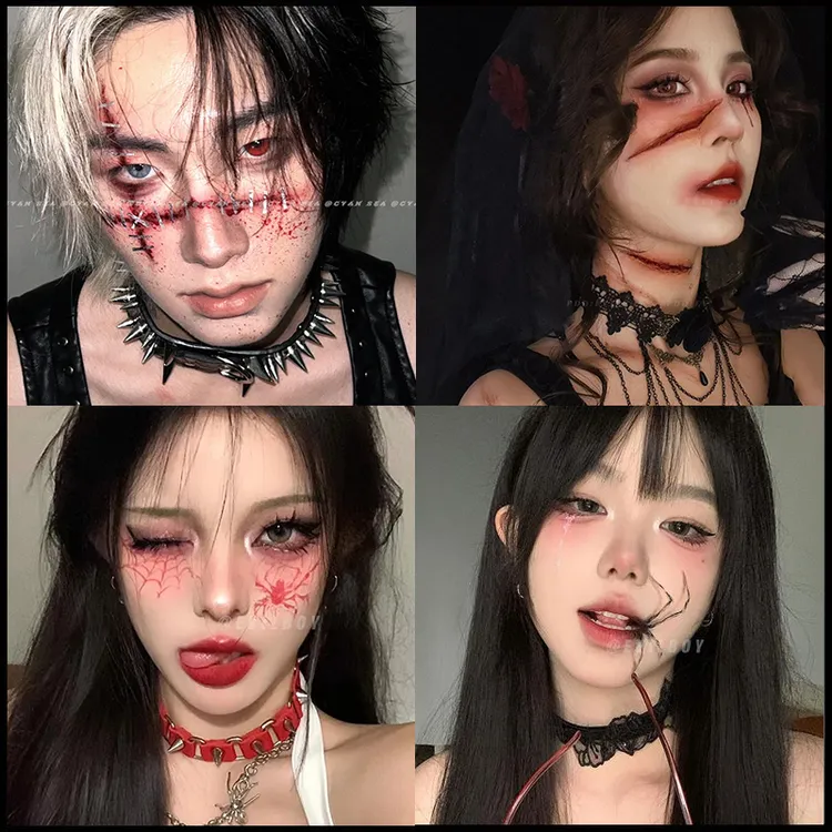 高颜值万圣节妆容脸贴cos仿真伤痕情侣款脸部写真蜘蛛可洗纹身贴