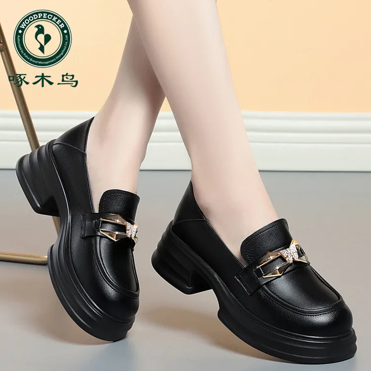 啄木鸟乐福鞋女厚底2024新款春秋松糕底单鞋粗跟女鞋英伦风小皮鞋