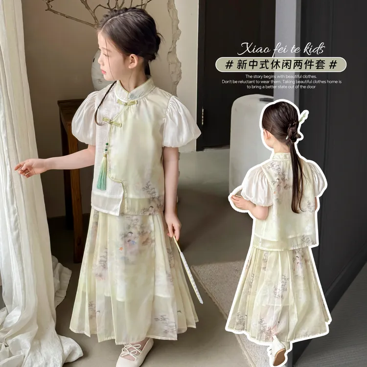 小菲特夏季新款女童套装女宝宝6-12岁新中式儿童套装裙SSTX40452 
