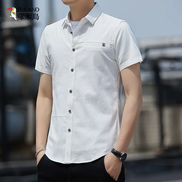 TUCANO/啄木鳥短袖衬衫男时尚休闲百搭夏季薄款修身纯色帅气衬衣
