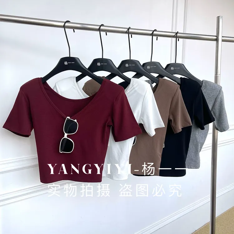 6601杨一一推荐 带垫肩两面可穿网红辣妹短款T恤修身显瘦百搭上衣