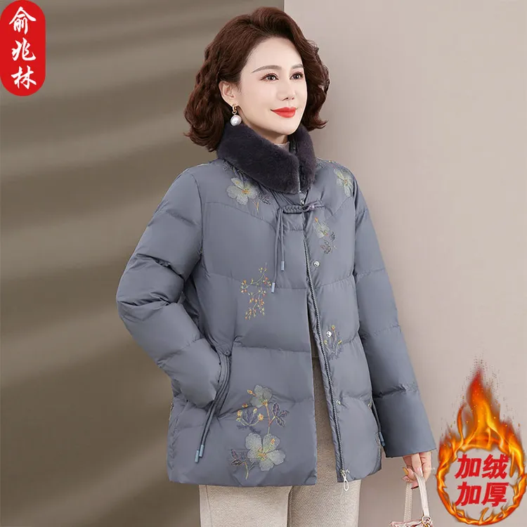 俞兆林妈妈冬装羽绒棉服加绒加厚保暖国风外套中老年棉衣秋冬棉袄