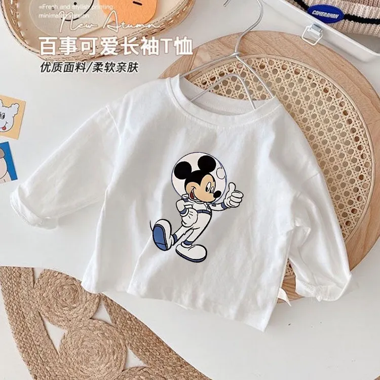 【多图可选】儿童长袖打底衫秋冬米奇韩版宽松纯白色圆领套头上衣