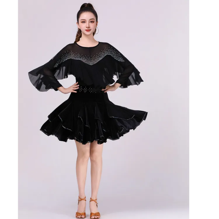 广场舞服装秋冬新款加厚金丝绒半身裙大摆裙A字裙烫钻跳舞短裙女