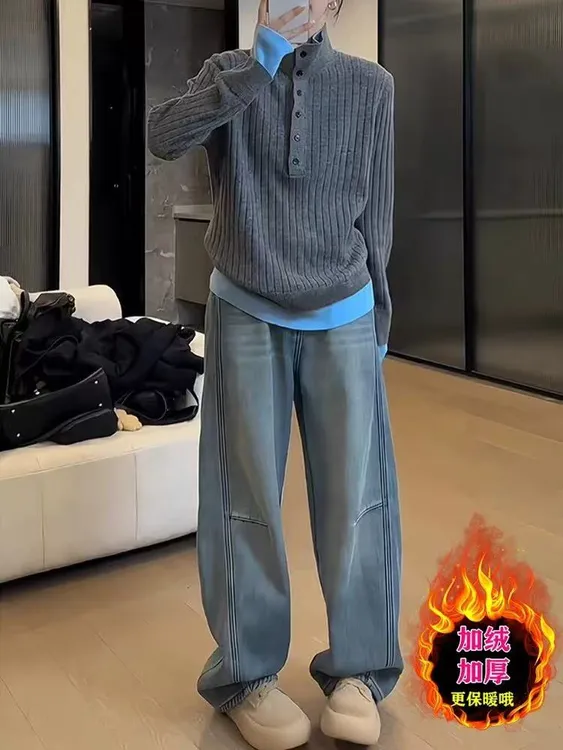 加绒加厚牛仔女2024冬季新款蓝色复古直筒裤高腰宽松显瘦阔腿裤子