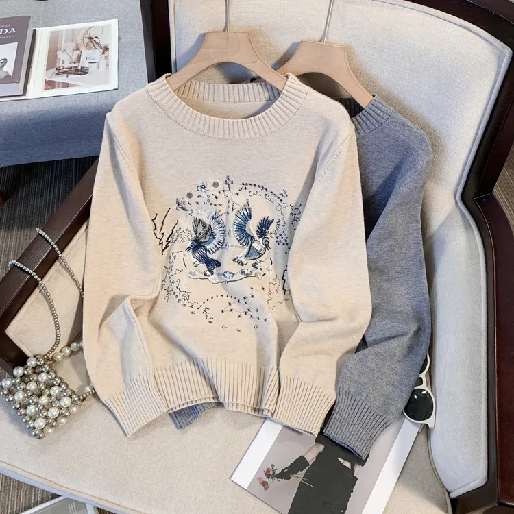 返潮复古重工刺绣百搭复古套头针织衫2024秋冬新款圆领长袖针织衫