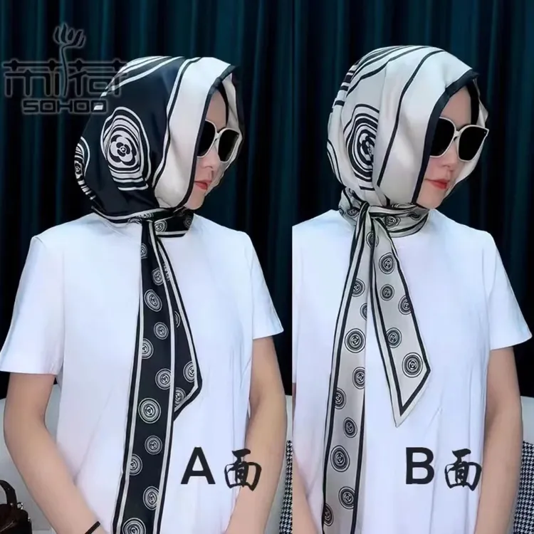 新潮双层双面缎面丝巾帽包头巾包头帽多用飘带帽正反两面气质