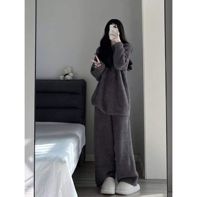 高级感纯色保暖半边绒睡衣女冬款新款加绒加厚针织家居服套装外穿