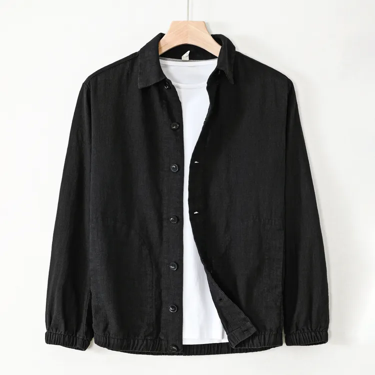 秋季男士棉麻夹克外套衬衫纯色潮流简约复古宽松百搭休闲棒球服男