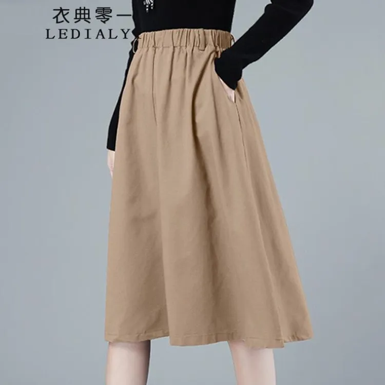 半身裙女装春秋季时尚气质休闲显瘦宽松纯棉高腰中长款a字裙半裙