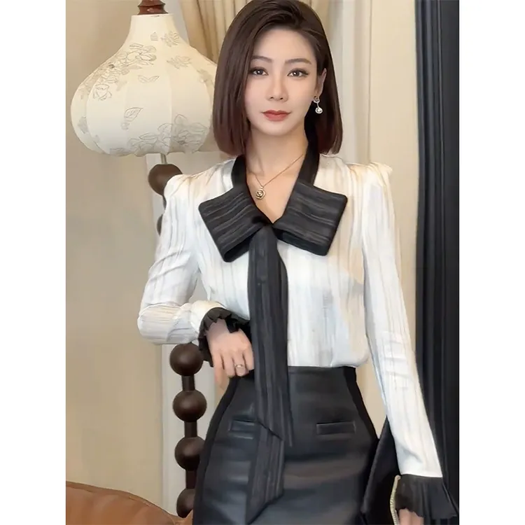 法式细闪撞色蝴蝶结长袖衬衫女春秋气质轻奢显瘦衬衣别致绝美上衣