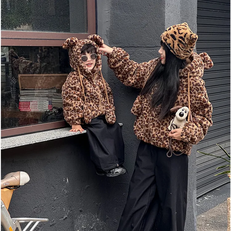 炸街亲子装豹纹外套母子装儿童加绒毛毛衣母女装百搭休闲