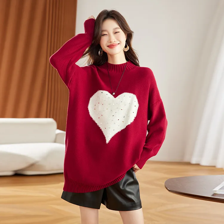 秋冬款品质女装中长款红色毛衣时尚百搭宽松加厚慵懒风打底衫冬季