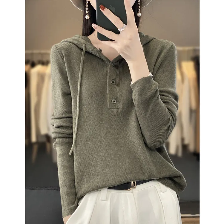 100纯羊毛衫女针织连帽衫宽松上衣百搭休闲纯色时尚显瘦打底毛衣