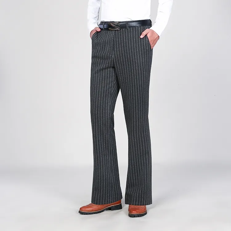 冬季条纹喇叭裤男青年修身阔腿大脚西裤商务休闲厚款弹力阔脚男裤