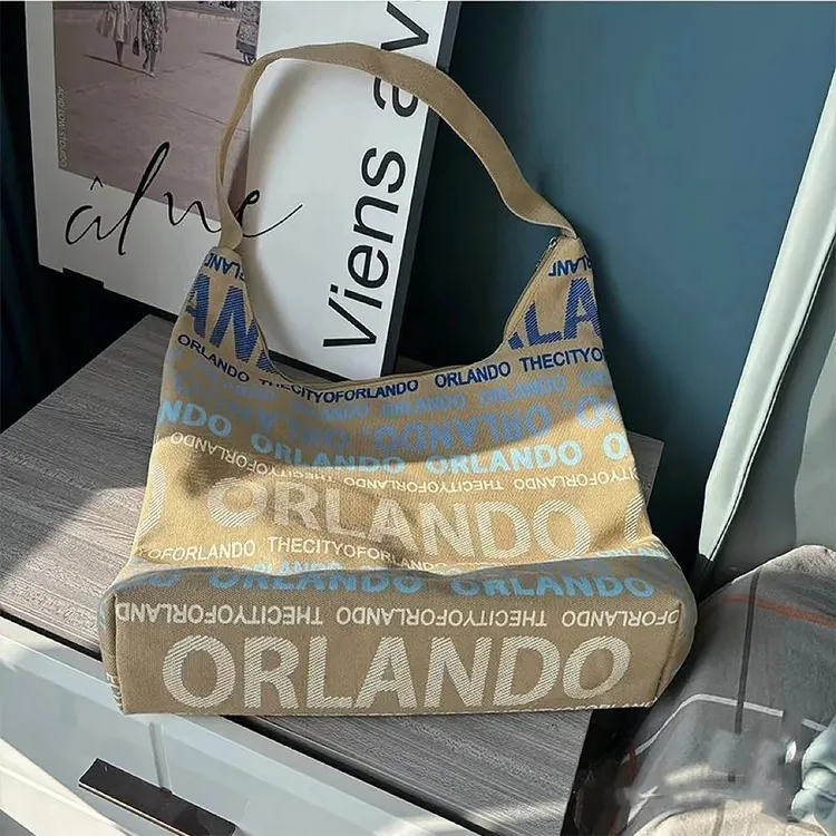 新款休闲单肩帆布包大容量秋冬简约时尚通勤百搭斜挎字母包包托特