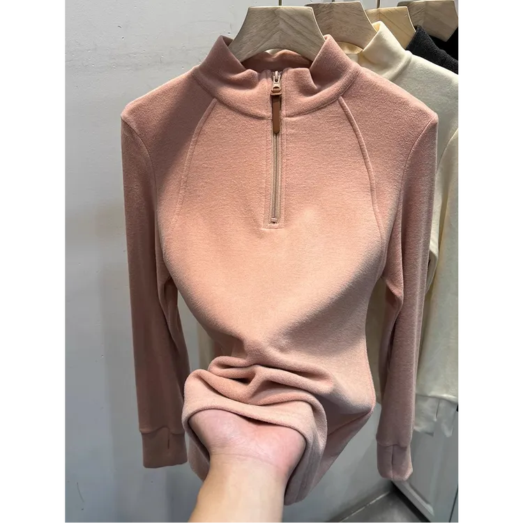 芯娇晴2025春秋新款软糯双面磨毛德绒长袖T恤女半高领打底衫上衣