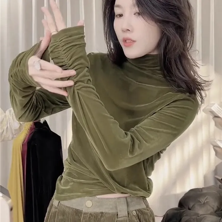 芯娇晴2025春秋新款法式小香风丝绒打底衫女士设计感内搭高领上衣