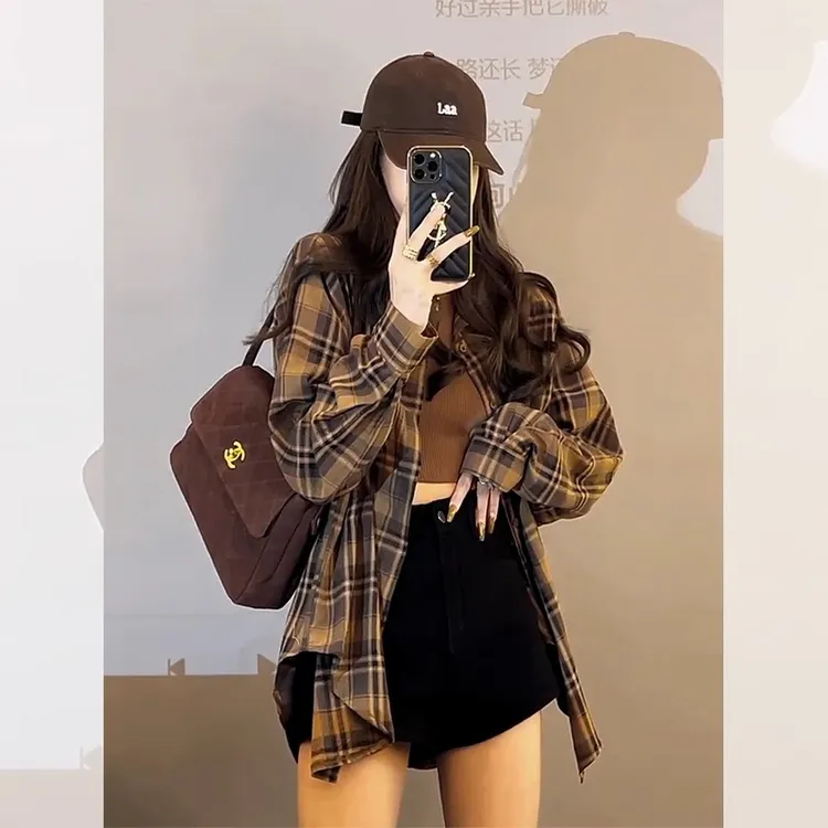 芯娇晴美式复古格子衬衫女款春秋2025新款爆款小个子防晒外套上衣