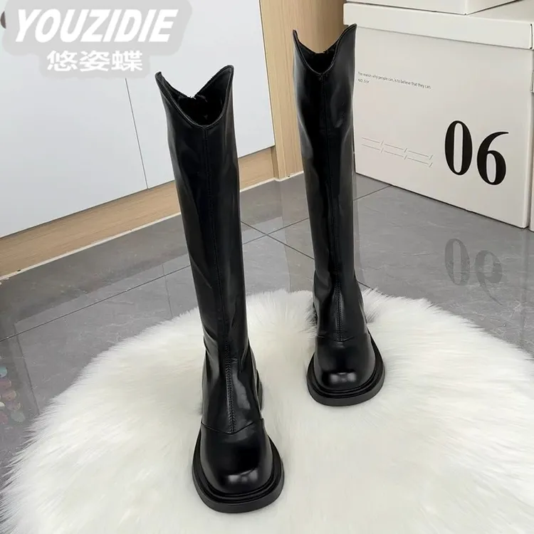 YOUZIDIE显瘦时尚靴女2025年中筒新款百搭不过膝长靴靴高筒厚底瘦