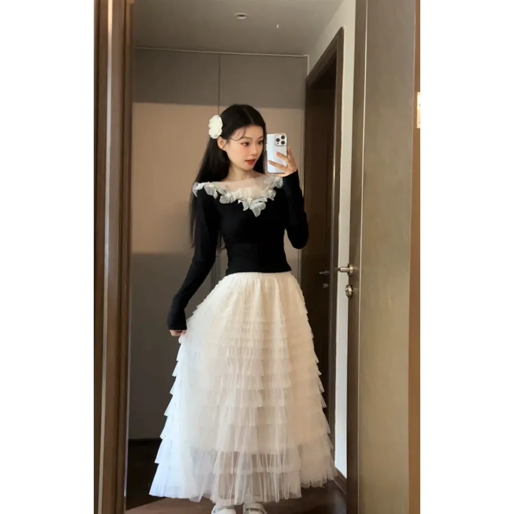 七分糖立体花朵长袖针织衫女秋设计感修身显瘦上衣纱裙半身裙套装