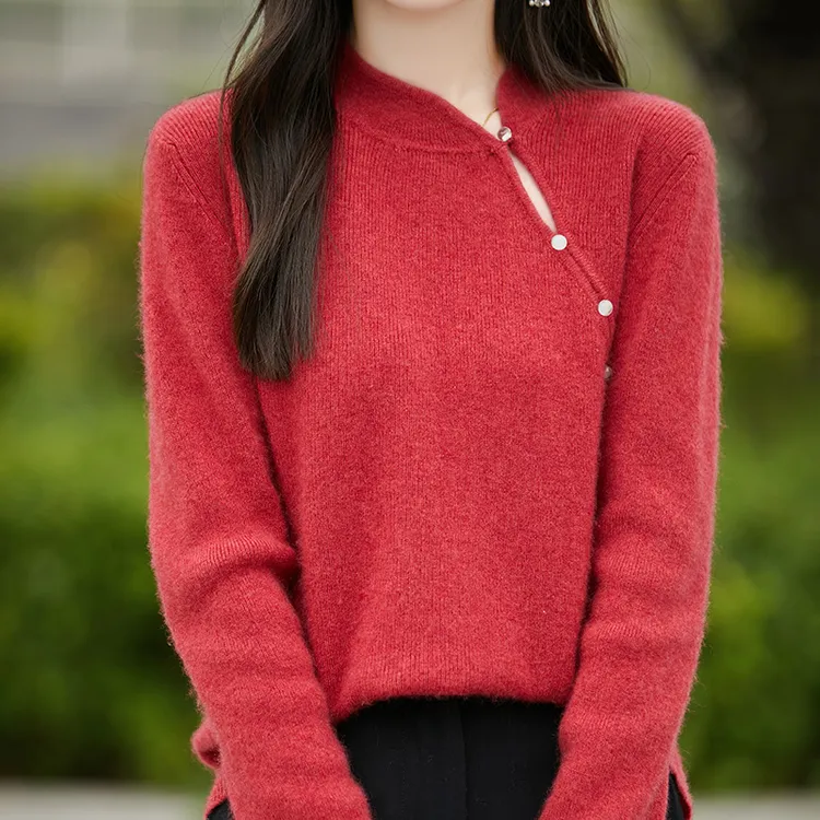 品牌新中式100%纯羊毛衫女套头国风毛衣气质修身时尚短款百搭毛衣