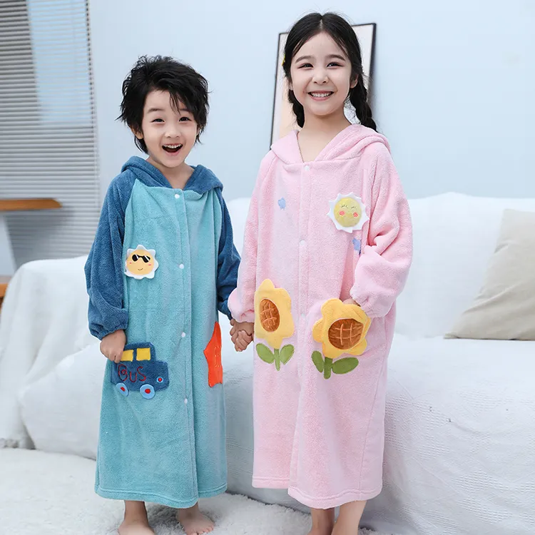 好贝尼A类珊瑚绒可穿式儿童浴巾秋冬加厚浴衣男女中大童洗澡浴袍