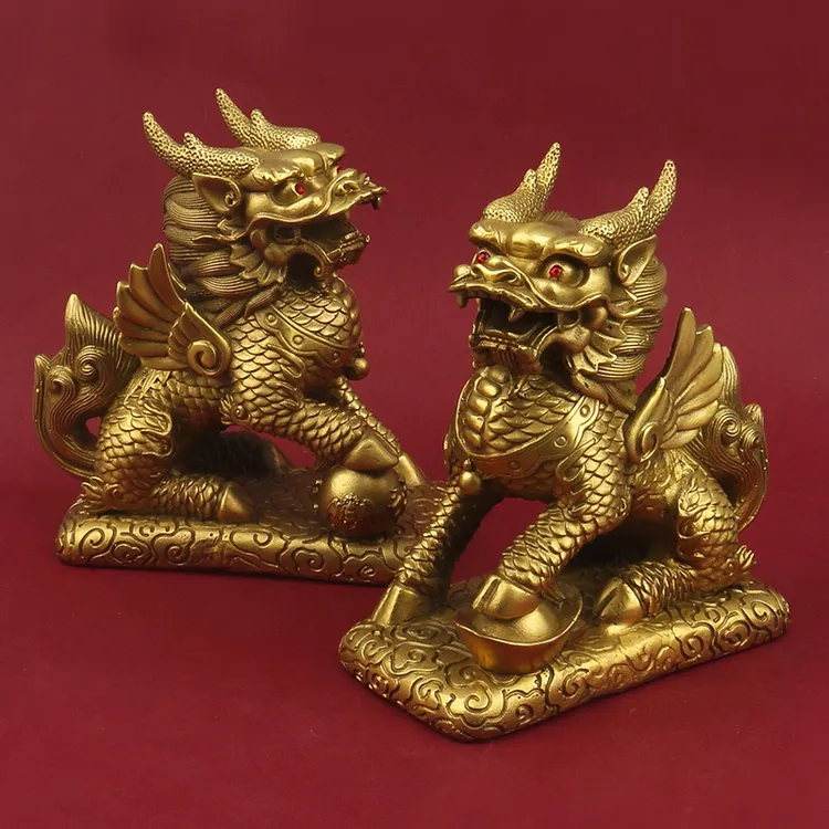 创意铜麒麟摆件一对纯黄铜家用财富麒麟脚踩元宝办公室客厅装饰品