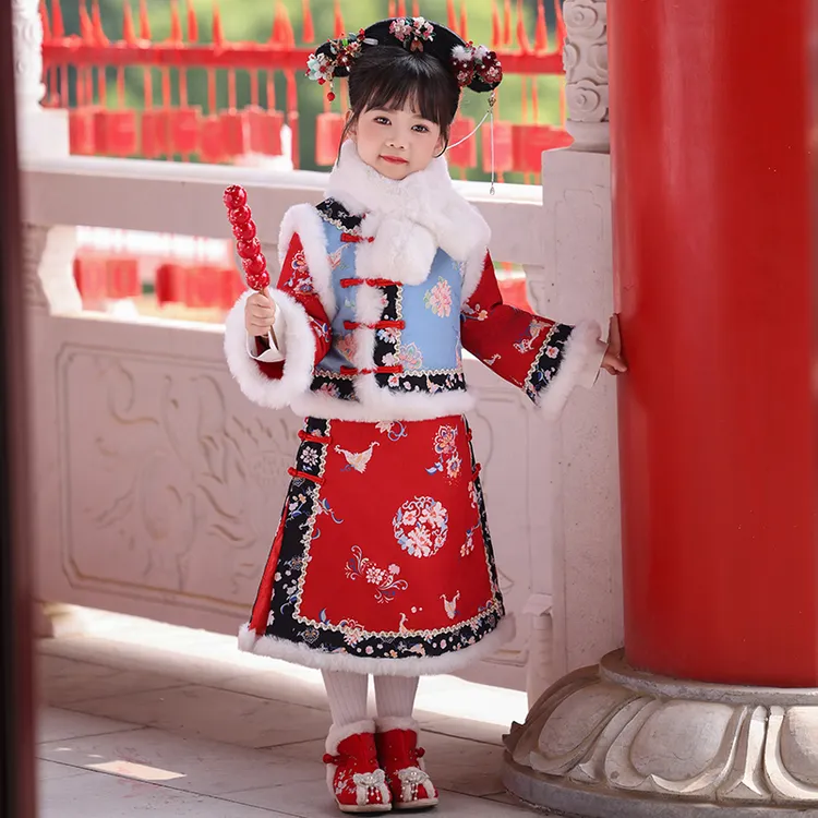 99515女童冬款加厚保暖新款中国风儿童夹棉格格装软糯套装裙子