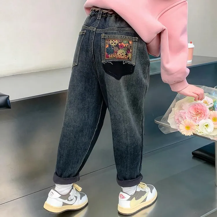 儿童秋冬大码童装女童洋气加绒中大童休闲宽松加厚韩版冬季长裤