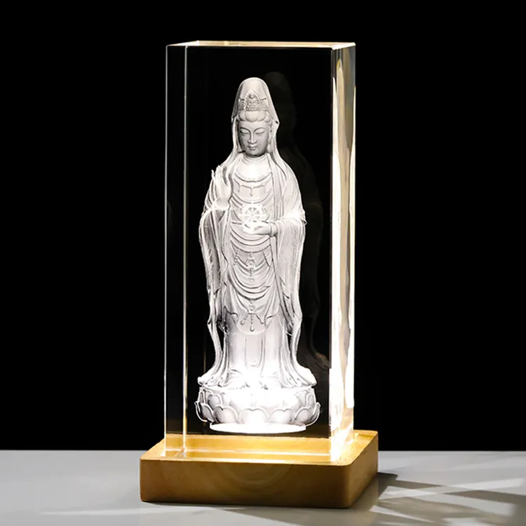 普陀山南海观世音菩萨莲花站像家用室内灯座水晶玻璃内雕激光工艺